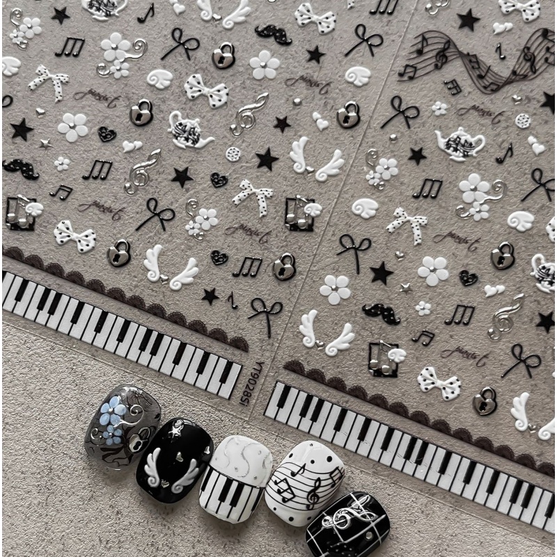 블랙 화이트 피아노 노트 네일 스티커 레트로 음악 스타 - Musical Instrument Painting 리뷰 및 가격